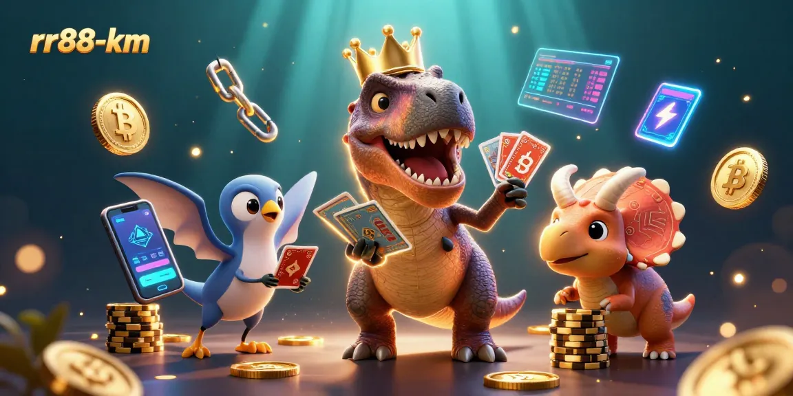 Experience exciting gaming at rr88-km with a T-Rex shuffling cards in a vibrant digital casino scene.