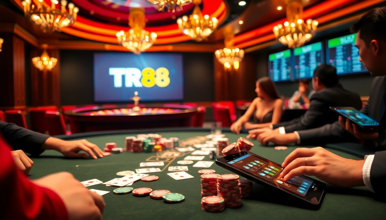 Gambling enthusiasts engage at a TR88 poker table, illustrating the excitement of online betting.