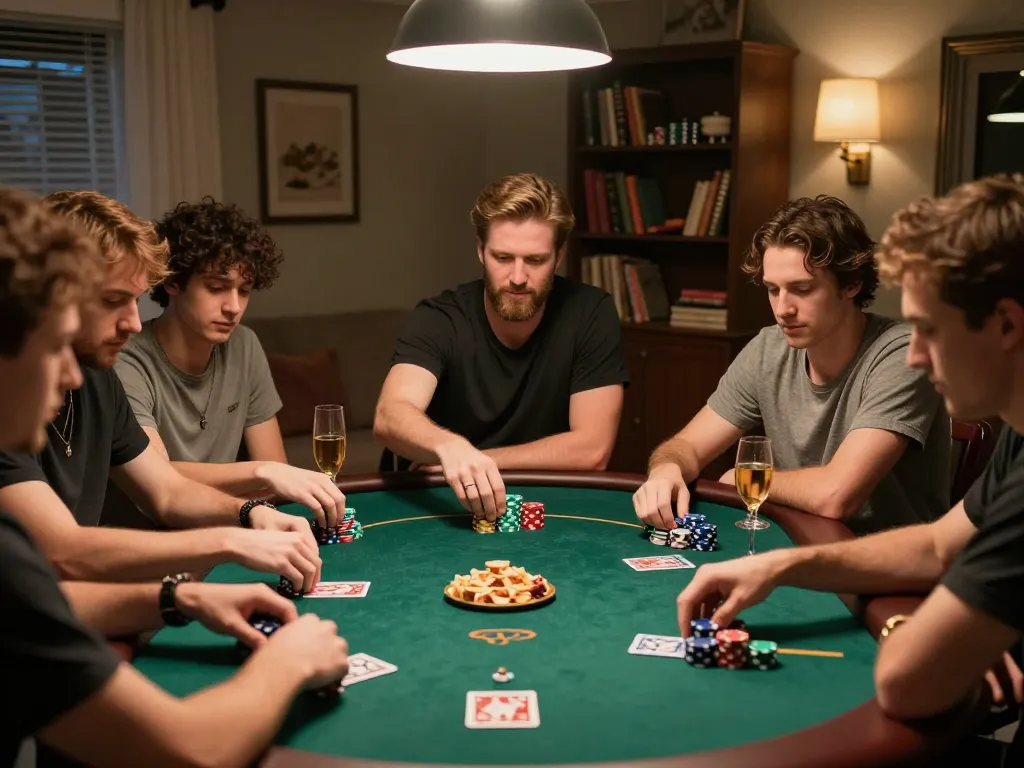 Players engaged in home poker night strategy at table with chips and cards, featuring g28tv atmosphere.