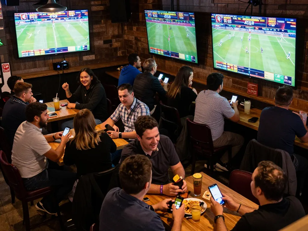 F8BET users enjoying a vibrant sports betting atmosphere at a lively bar, engaging with live games and mobile apps.