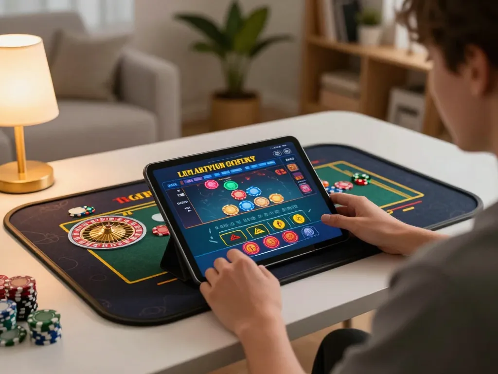 C168 player engaging in a live roulette game at home using tablet, cozy atmosphere.