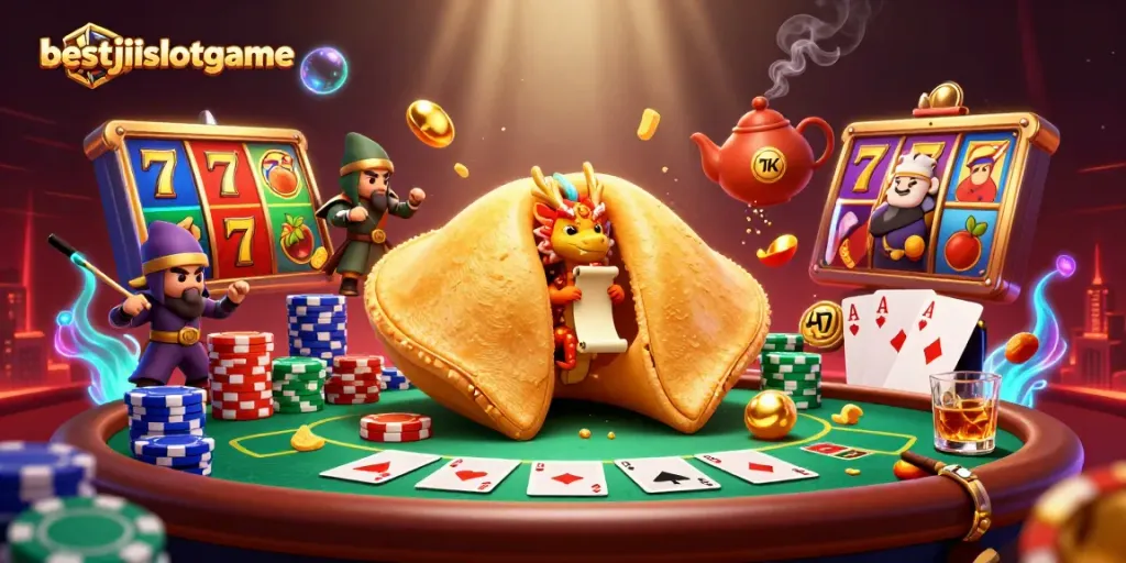 Engage with the bestjilislotgame featuring a vibrant scene with a golden fortune cookie, dragon, and slot elements.