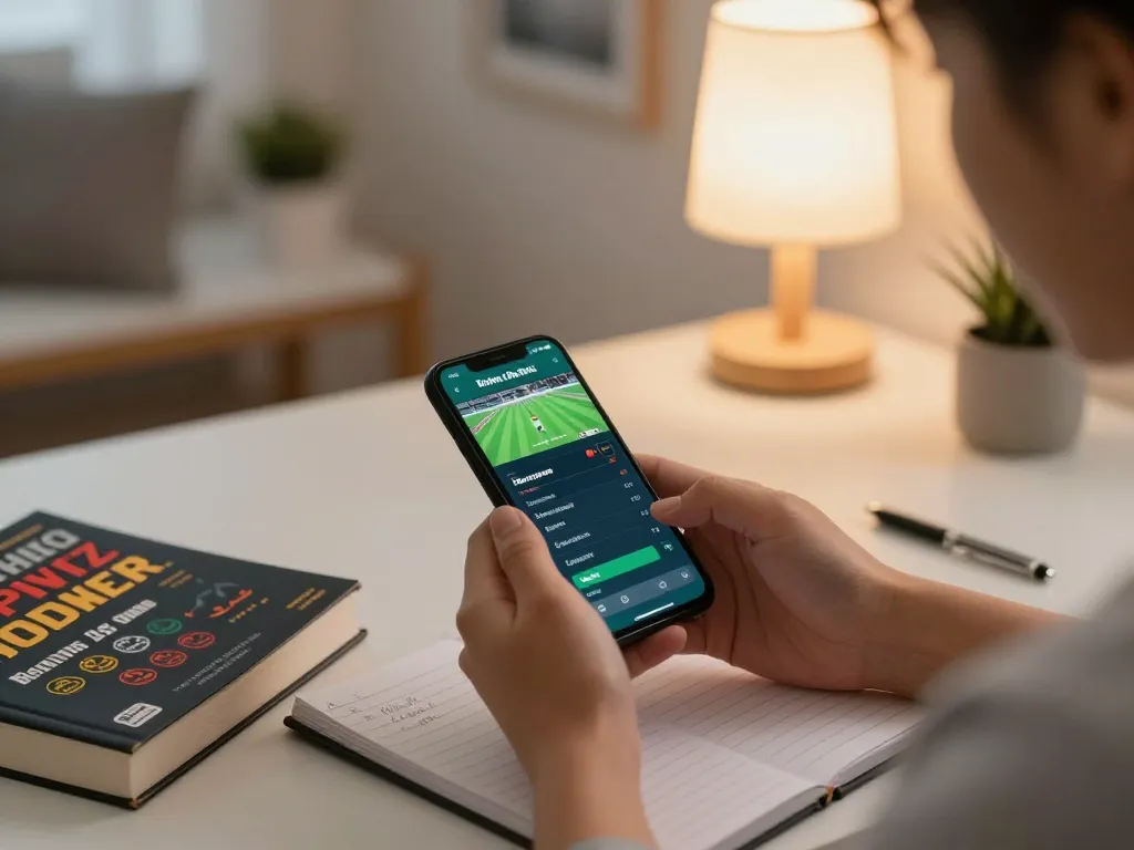 SBOBET user placing bets on mobile app while analyzing strategy notes in cozy home environment