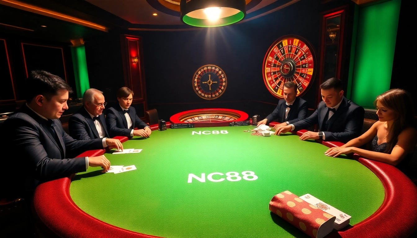 High-stakes gambling scene with NC88 branding at a luxurious casino poker table.