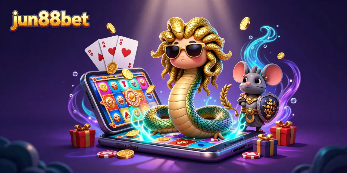 Experience thrilling slot action with jun88bet, featuring Medusa and a warrior mouse amid vibrant casino elements.
