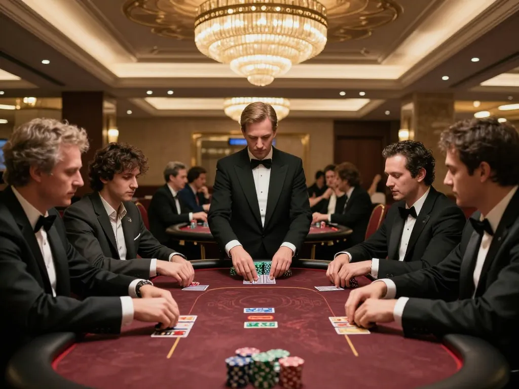 Engaged players in a high-stakes poker game at a luxury casino table, showcasing the strategic thrill of a Pragmatic Slot environment.
