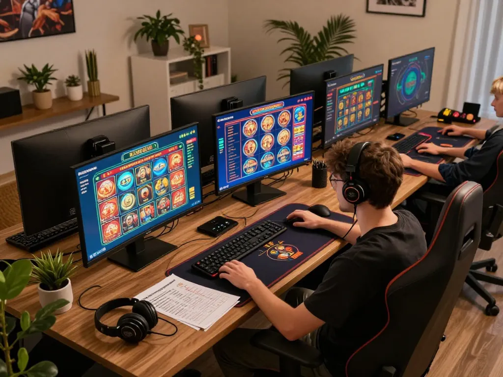 Player immersed in SC88 online gaming experience utilizing multiple screens and strategic notes for responsible gambling.