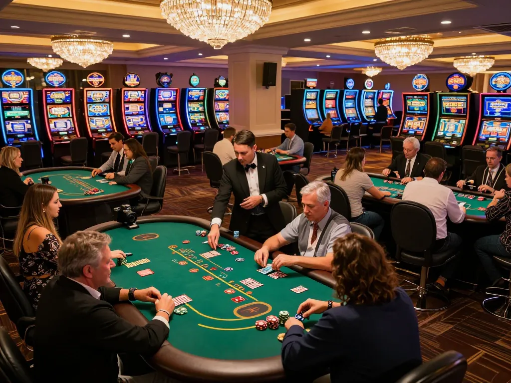 Players engaging in dynamic blackjack at an upscale casino with okfun atmosphere and vibrant lighting.
