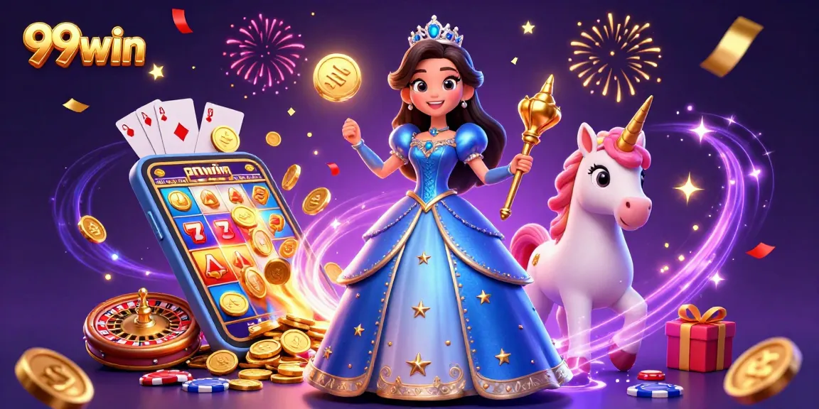 Experience magical excitement with 99win’s vibrant casino-themed illustration, showcasing slot games and celebrations.
