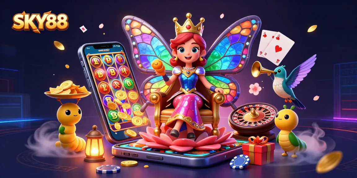 Engage with the vibrant universe of SKY88 featuring a cartoon butterfly queen amidst casino-style games.