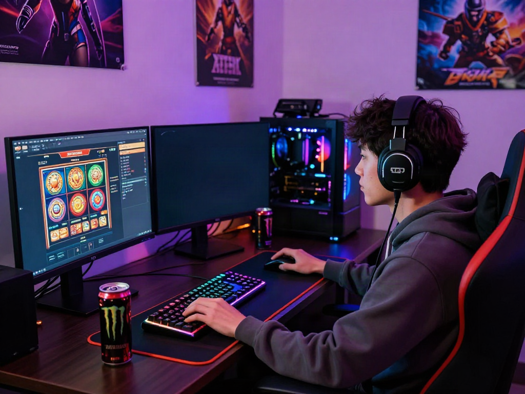 Intense gaming scene showcasing a player engaged with akunjp online slots, vibrant graphics, and gaming gear.