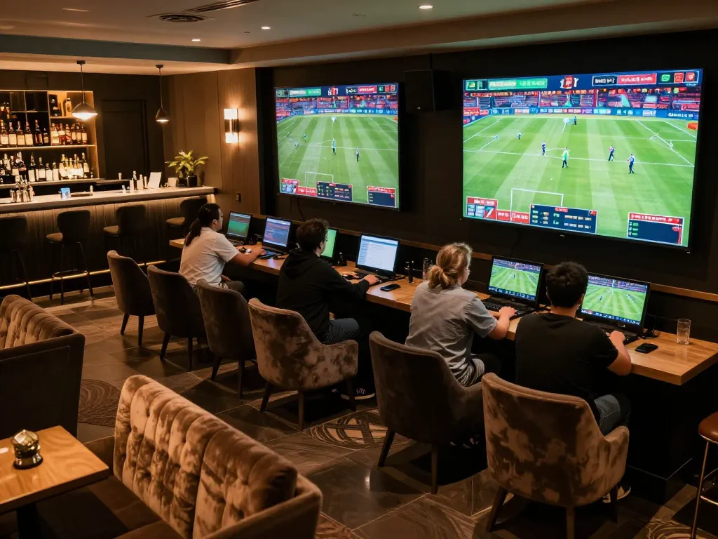 Engaging scene of sports betting at lounge with patrons using apps, thể thao tr88 depicted.
