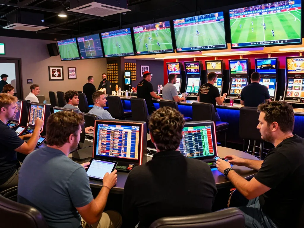 MM88 players strategizing bets in an upscale sports lounge filled with excitement