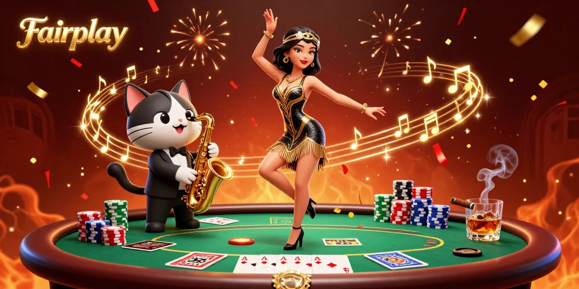 Experience Fairplay through a vibrant digital casino scene with captivating characters and poker elements.