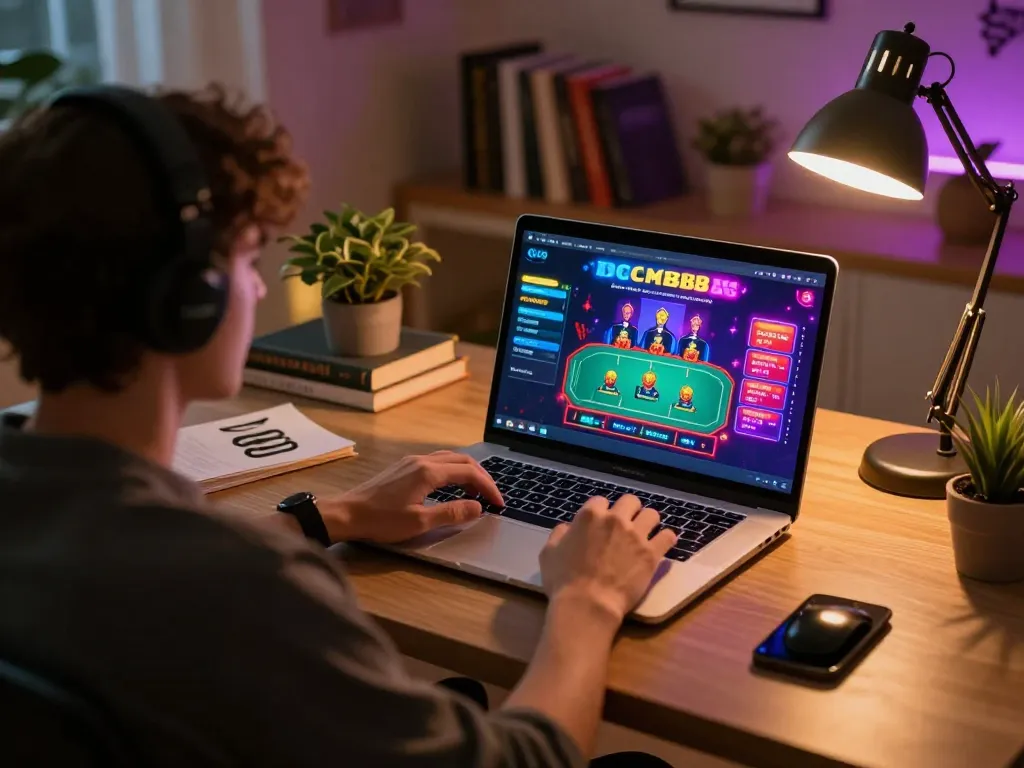 Player exploring cm88 casino interface on a laptop, enjoying a lively home gaming experience.