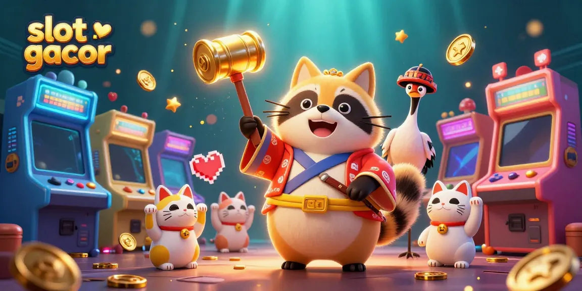 Gambar slot gacor dengan karakter kartun tanuki membawa palu keberuntungan dikelilingi mesin permainan 3D yang berkilau.