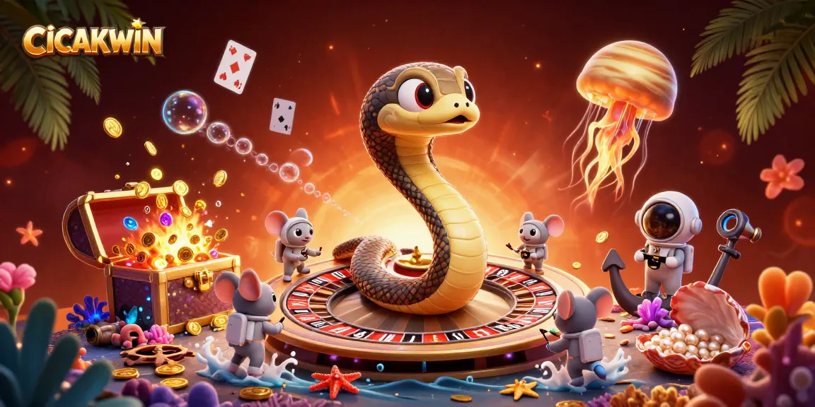 CICAKWIN offers thrilling bets with a cosmic roulette and playful astronaut mice in a vibrant casino scene.