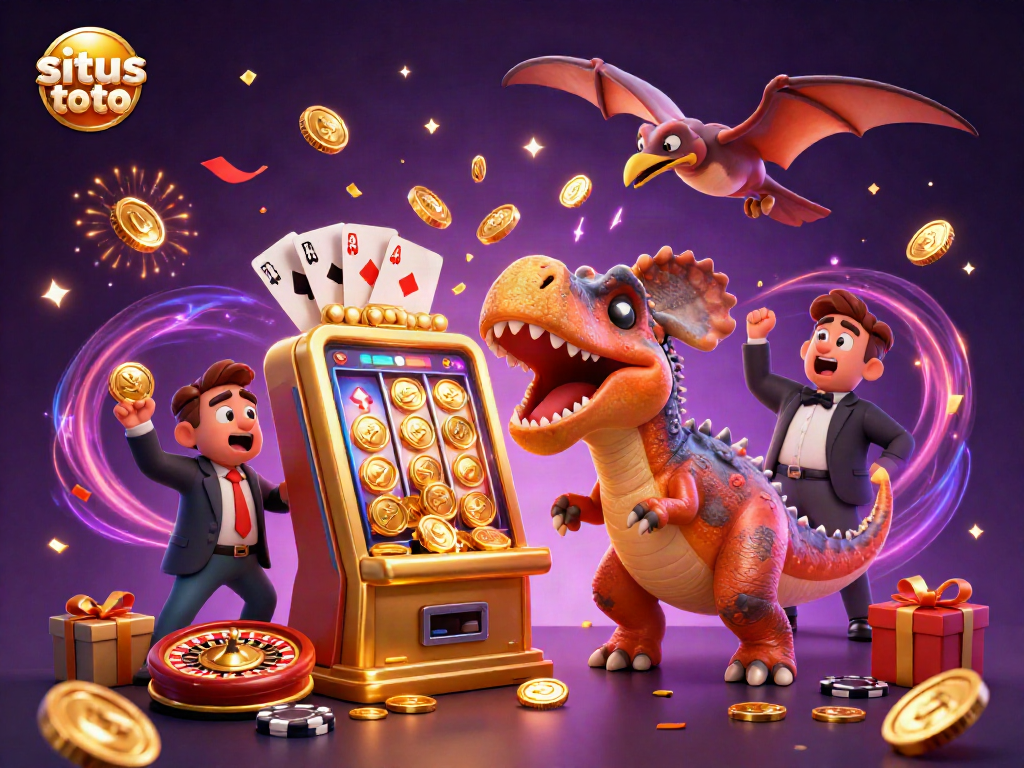 Catch the excitement of situs toto as a dinosaur hits the jackpot, surrounded by casino treasures.
