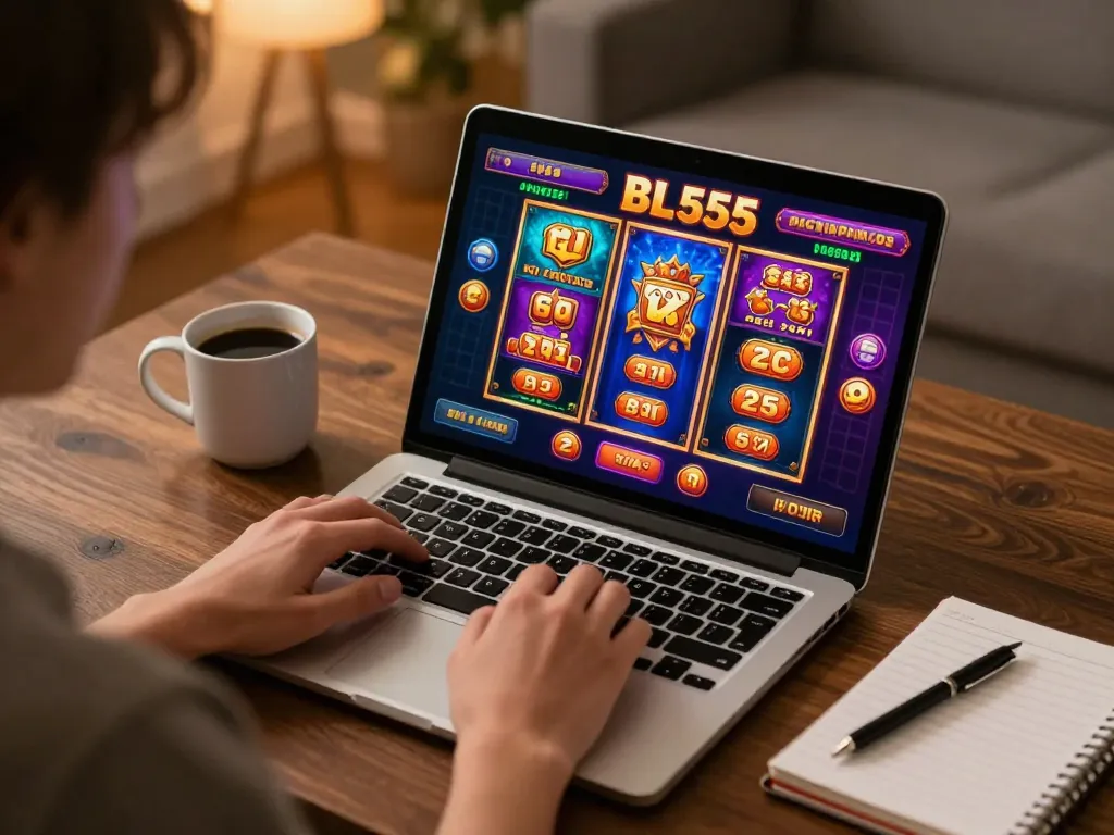 Player engaging with the BL555 casino platform on a laptop, enjoying diverse games in a cozy home setting.