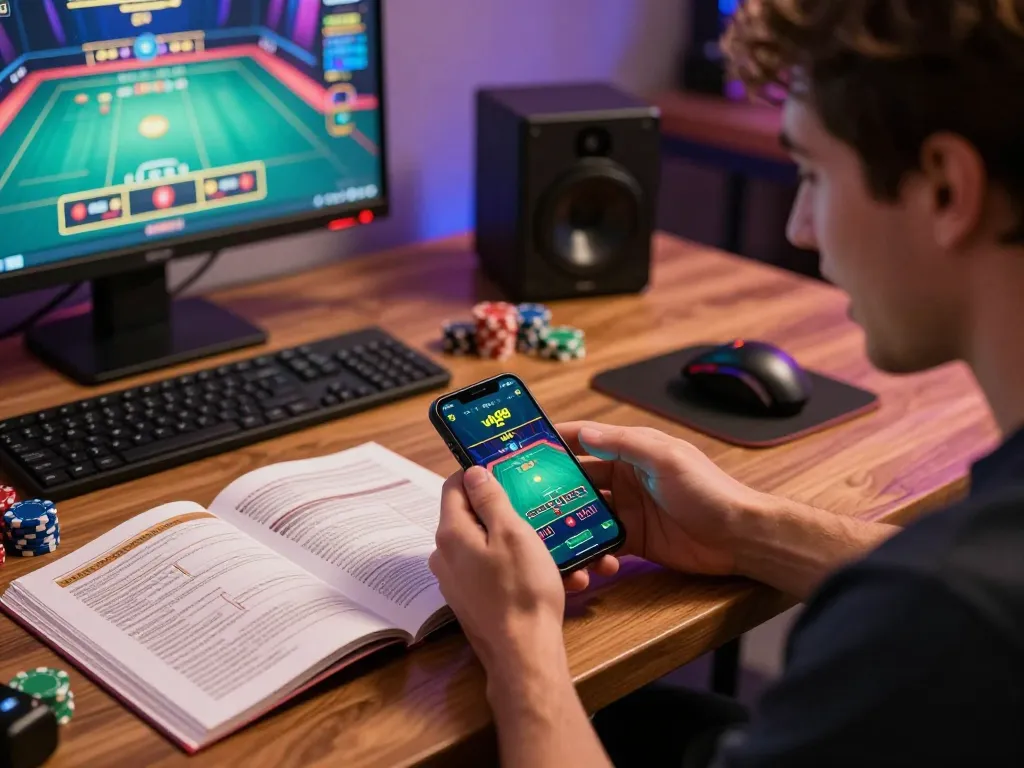 Player enjoying vk88 casino app during live dealer game session with smartphone and gaming setup.
