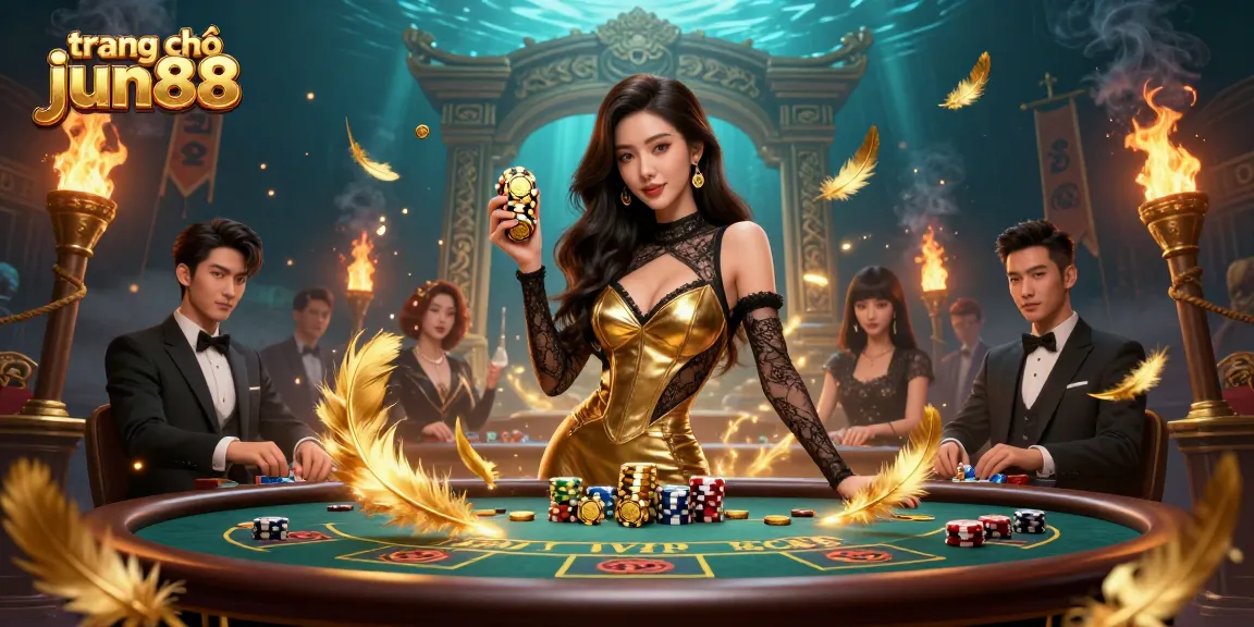 Experience the allure of trang chủ jun88 with a glamorous baccarat scene featuring a confident Asian woman surrounded by luxury and excitement.