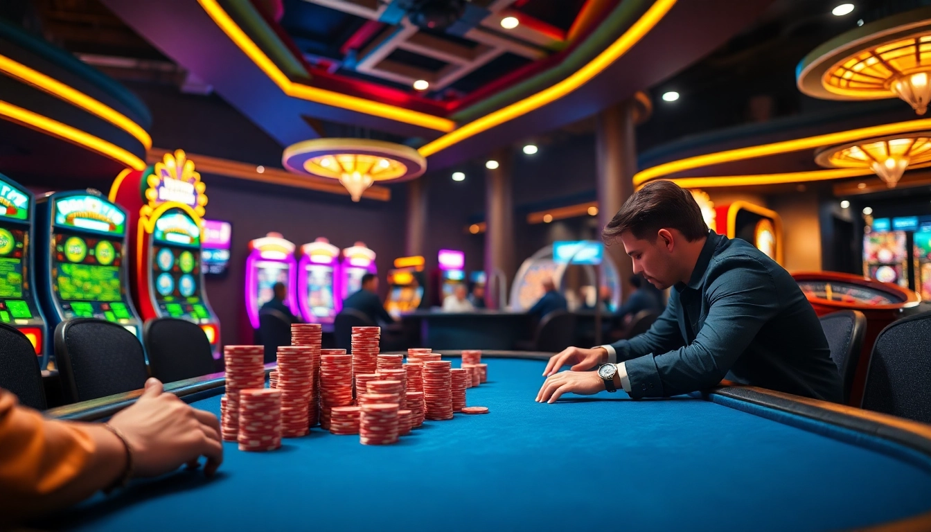Rikvip players enjoying a thrilling poker game in a luxurious casino setting.