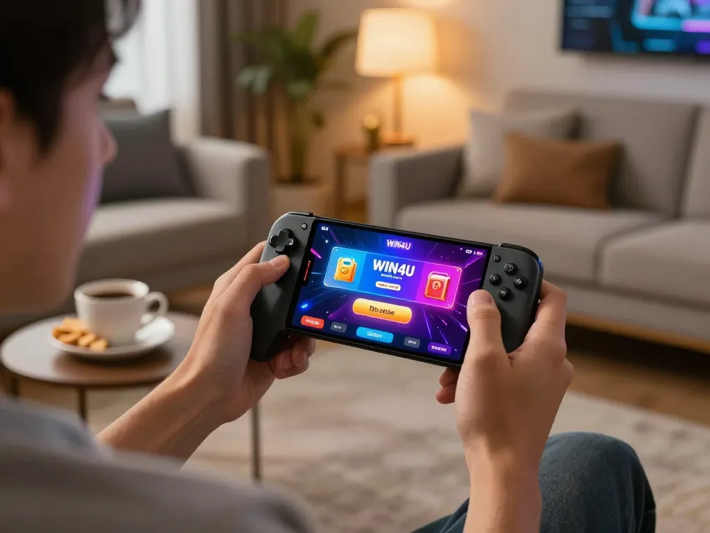 Engaging mobile gaming session with WIN4U app, showcasing active bonuses and rewards in a cozy atmosphere.