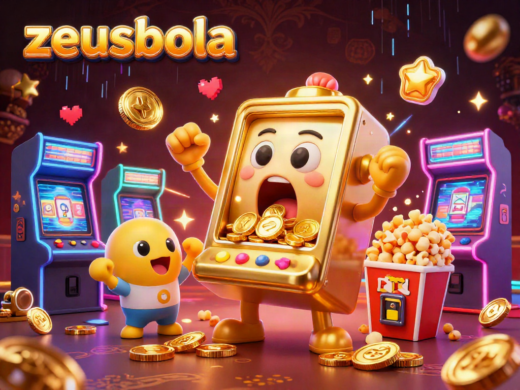 Spin the zeusbola slot machine as it hits a jackpot, surrounded by cheering smaller slots and games.