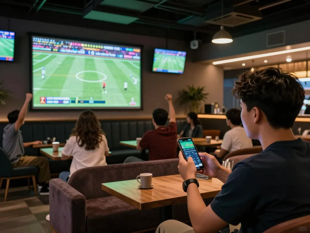 Engaging in sports betting activity using the website steaksnlobsters while watching live sports at a modern bar