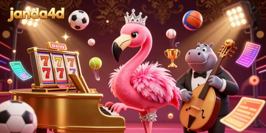 Gambarkan suasana menegangkan di janda4d dengan flamingo penyanyi, hippo bassis, dan elemen slot yang bersinar.