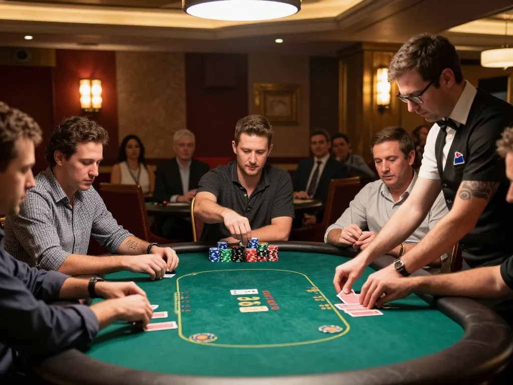 Players strategizing in a live poker game at a casino, showcasing the competitive environment of lv88seo.