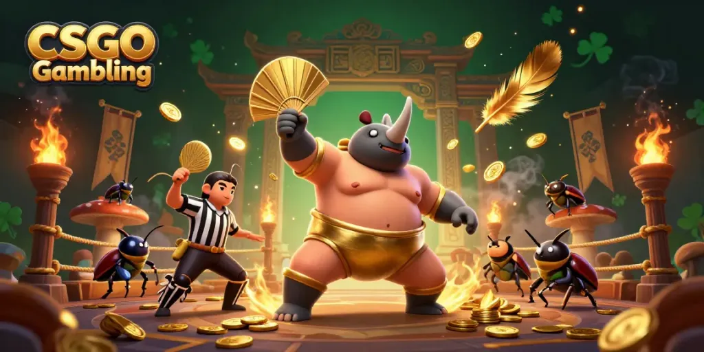 Engaging CSGO Gambling illustration with lively characters and dynamic casino elements.
