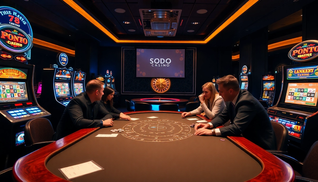 Engage in thrilling gameplay at SODO CASINO's luxurious poker table surrounded by vibrant slot machines.