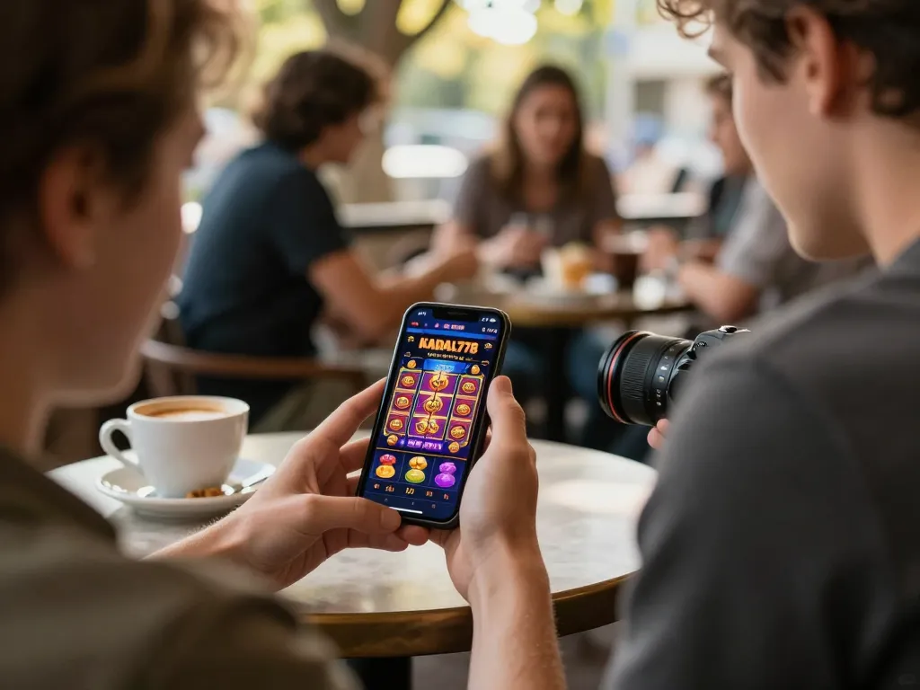 KADAL778 mobile app user enjoying vibrant gameplay at a café table, conveying excitement and engagement.