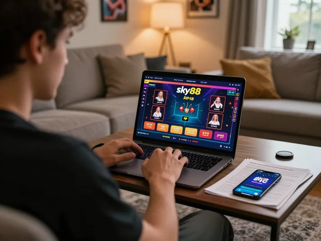 Register on Sky88 and enjoy the thrill of online casino games in a cozy home setting with vibrant gaming interface.