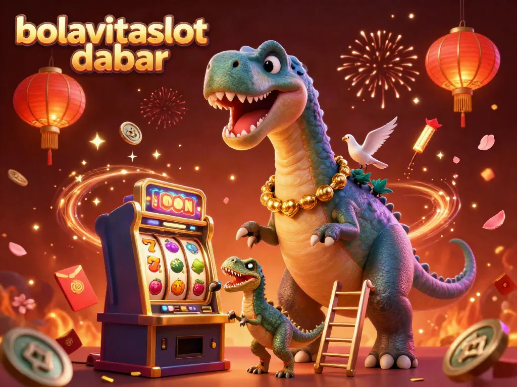 Experience bolavitaslot daftar excitement with a giant brontosaurus interacting with a slot machine in a vibrant casino scene.
