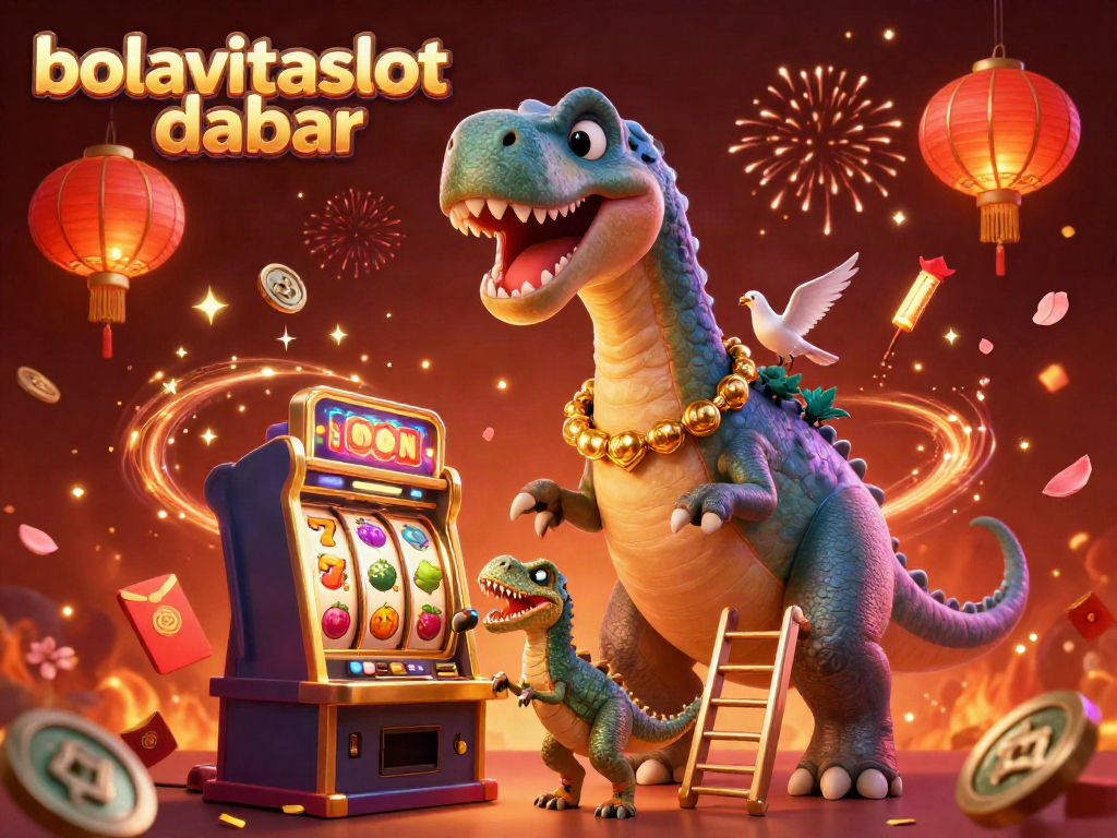 Experience bolavitaslot daftar excitement with a giant brontosaurus interacting with a slot machine in a vibrant casino scene.