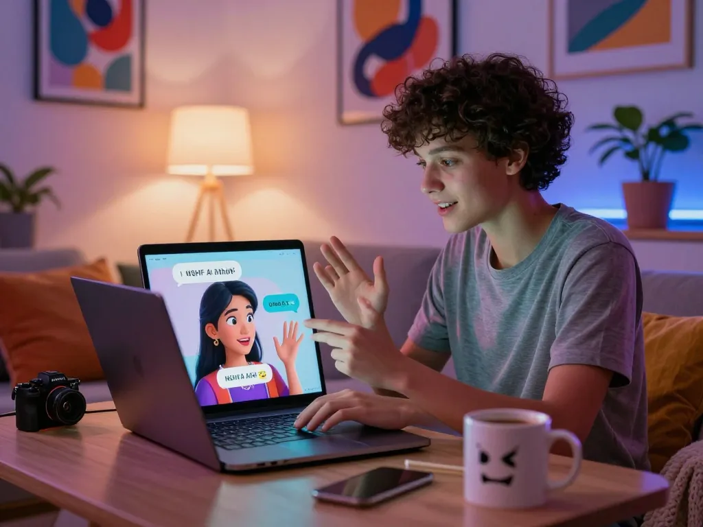 Immersive NSFW AI chat experience with a lifelike character, user in cozy tech setting.