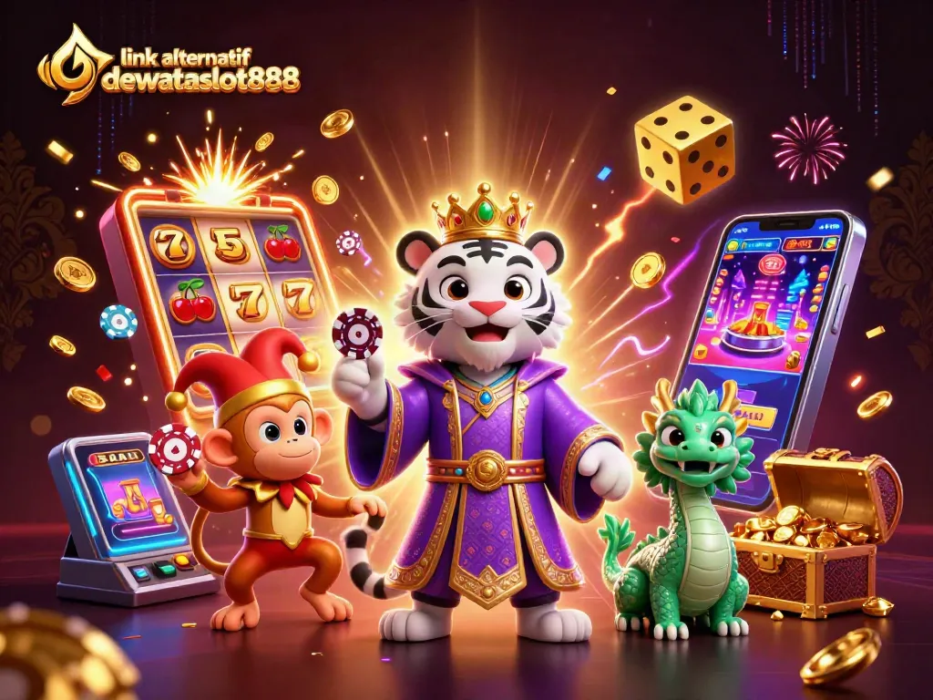 Link alternatif dewataslot888 dengan ilustrasi 3D karakter hewan mewah dan mesin slot penuh koin