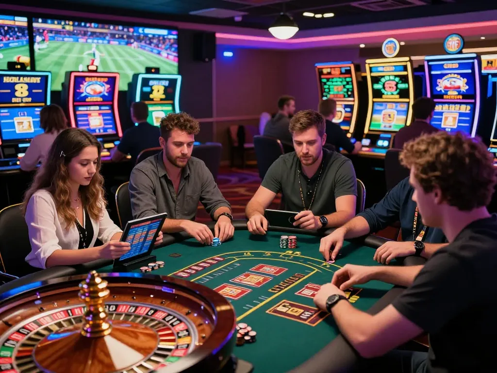 Exciting scene of diverse players engaging with 789win gaming tables in a vibrant online casino atmosphere.