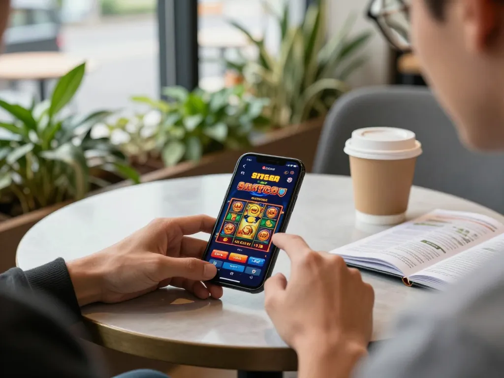 Engaging with a situs slot gacor mobile app at a coffee shop for an immersive gaming experience