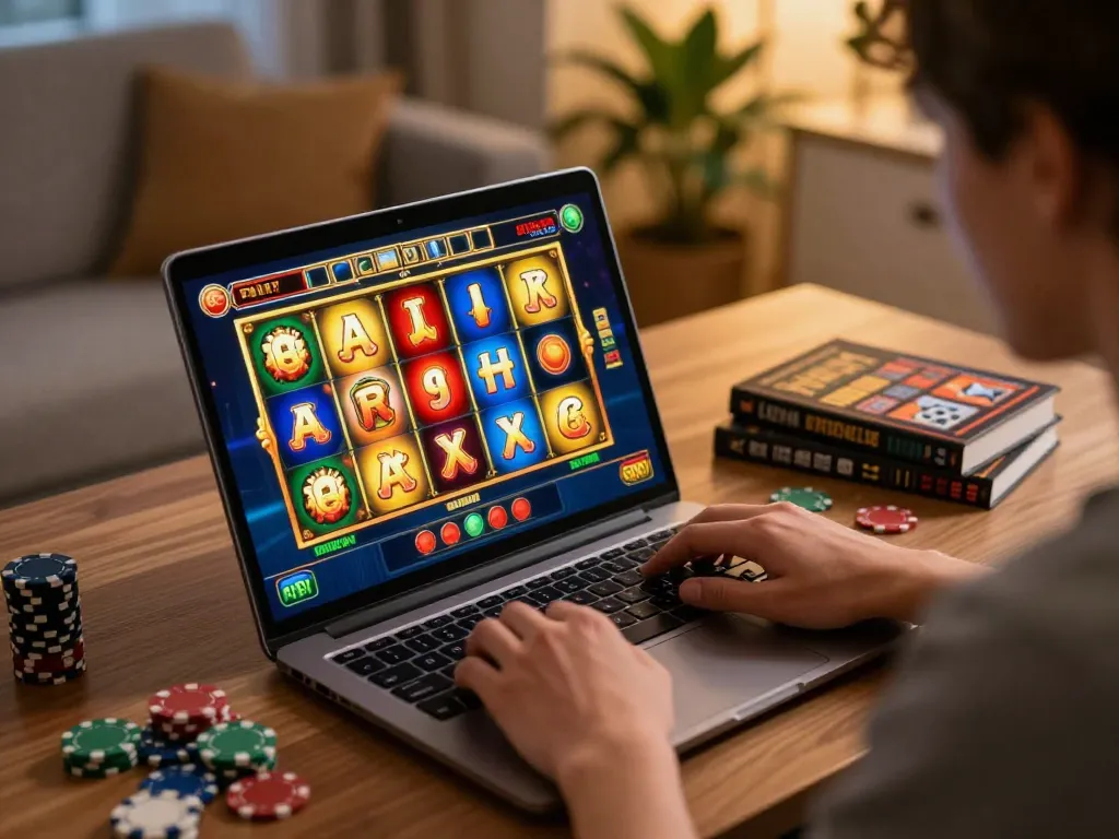 Engaging online gaming experience at LV88, showcasing vibrant slot game action on a laptop.