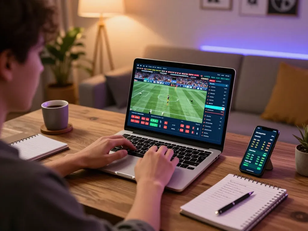 F8BET user engaged in online sports betting with laptop showing live events and strategies.