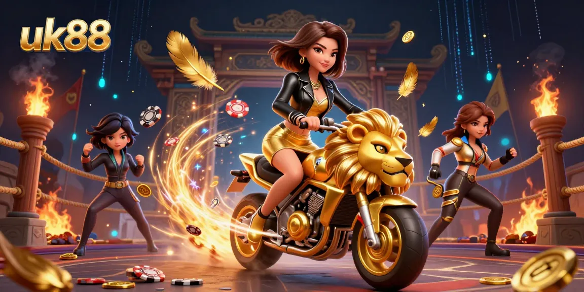 uk88 showcases a vibrant scene of gambling excitement featuring an Asian woman riding a golden lion amid poker chips and sparks.