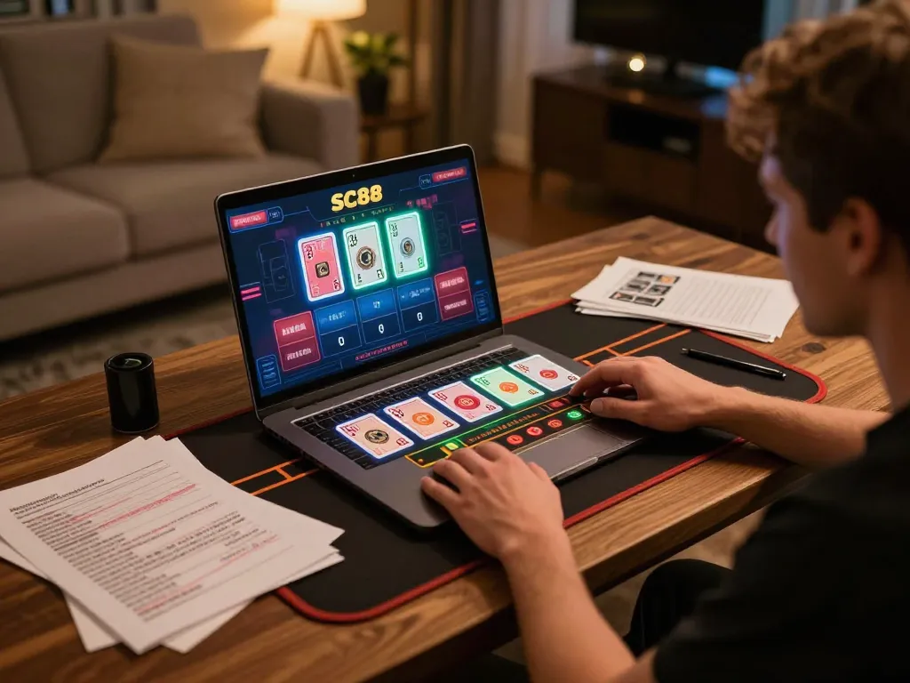 Player enjoying SC88 online casino gaming with strategic notes and vibrant interface