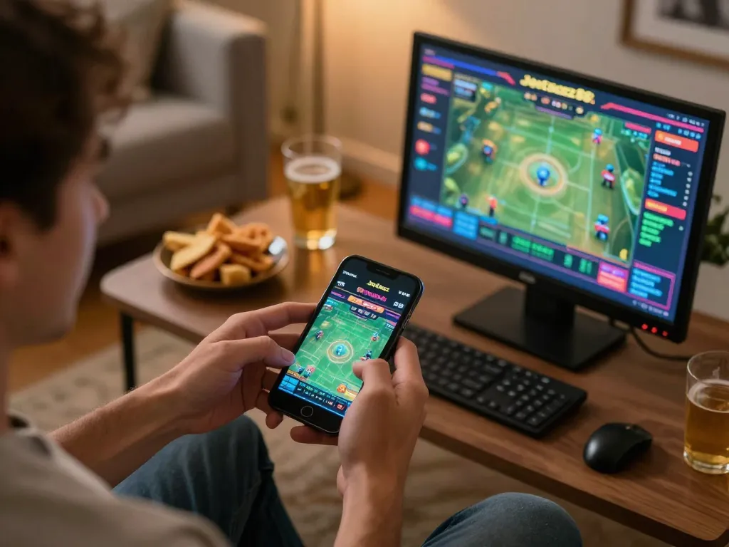 Engaging moment of betting on Jeetbuzz 88 in a modern home setup, showcasing dynamic live gaming.