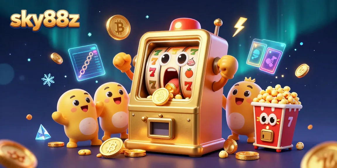 sky88z showcases a vibrant slot machine scene with coins pouring out, emphasizing jackpot excitement.