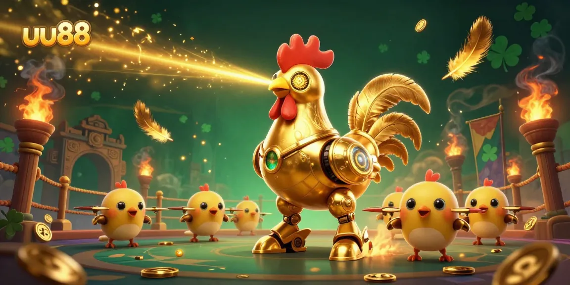 Experience dynamic gaming action with uu88 featuring golden rooster robot and vibrant casino elements.