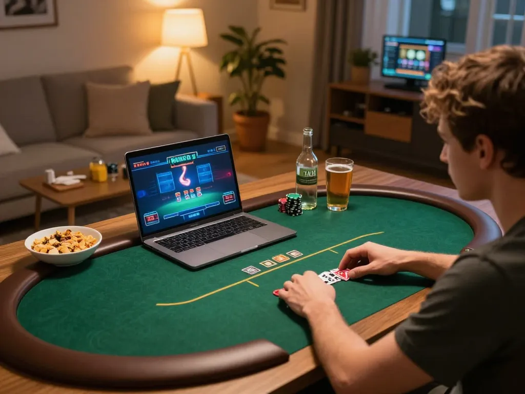Player enjoying online poker at sc88.com with cozy home setup and warm lighting