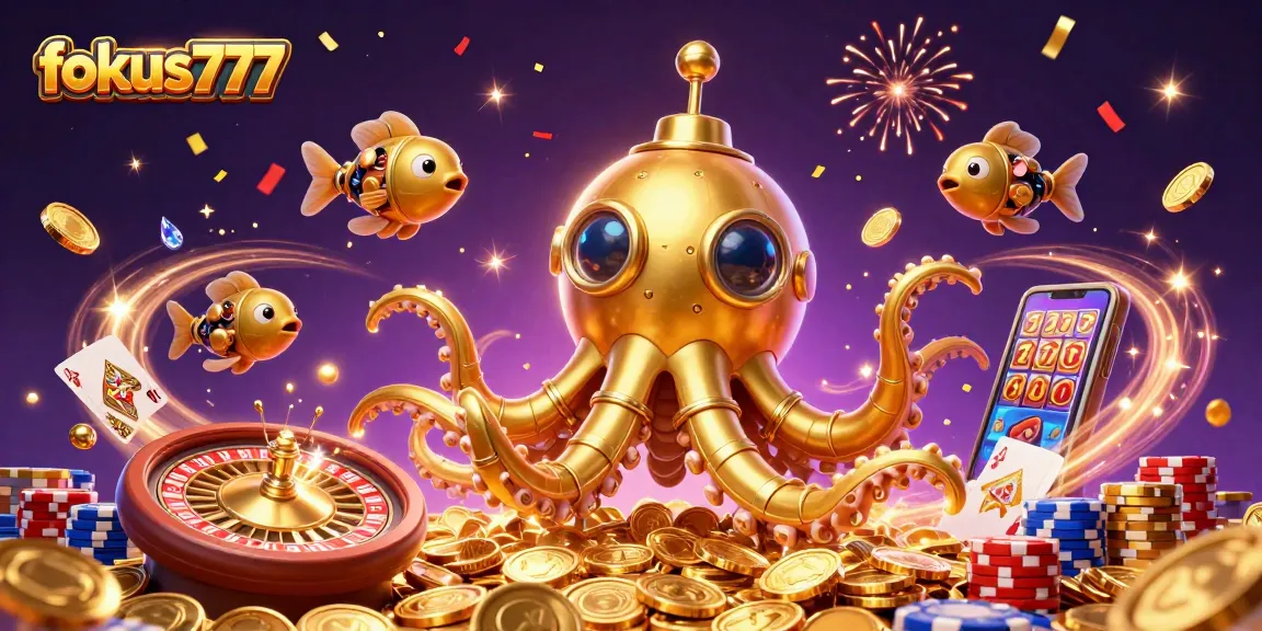 Experience excitement with fokus777 as the golden kraken emerges amidst riches in this 3D casino illustration.